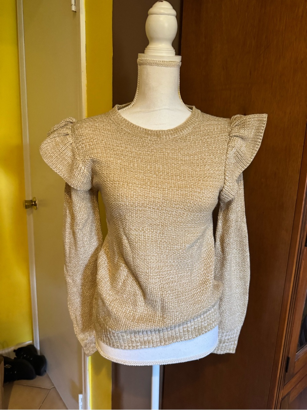 Time and Tru Beige Ruffle-Shoulder Crewneck Sweater